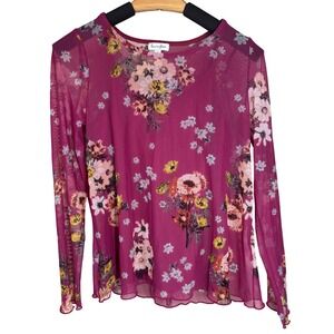 Love Fire Women's Sheer Floral Mesh Long Sleeve Top Size Small Pink Flower Print